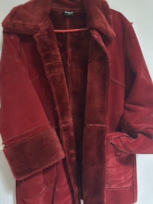 Red Suede Shearling Coat with Faux Fur, Medium