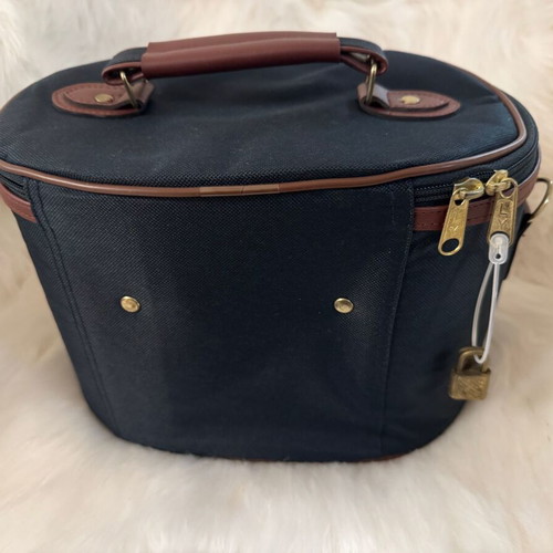 Toiletry bag cosmetic case new, blue fabric and brown leatherette