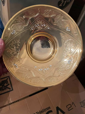 Vintage decorative glass plate with embossed floral design and gold details like new