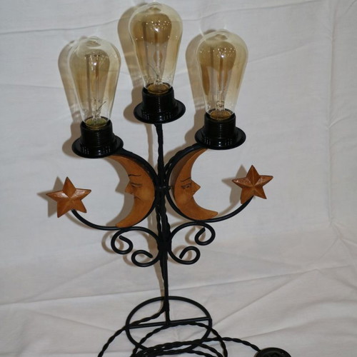 Vintage lamp with 3 Edison bulbs and carved moon designs