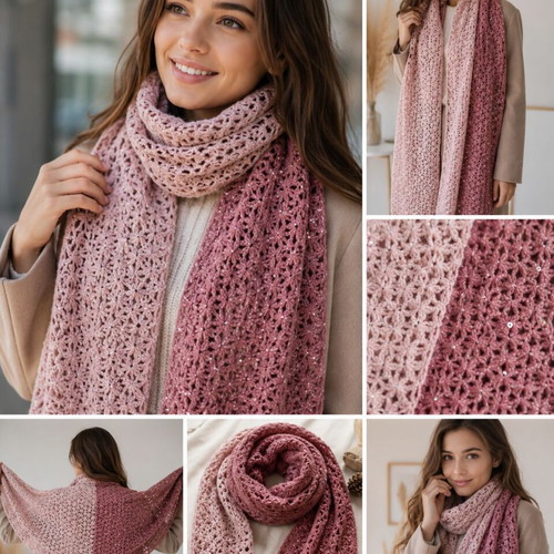 Long knitted scarf with angora, acrylic, lurex and sequins, pink rose ash