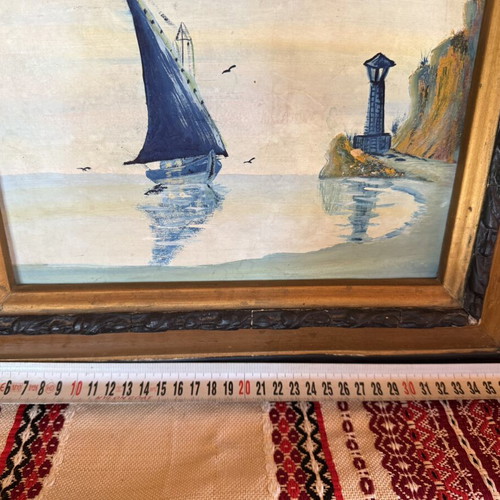 Vintage seascape painting with carved wooden frame like new