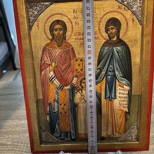 Handmade icon of Raphael Nikolaou and Eirini with 925 silver decoration used