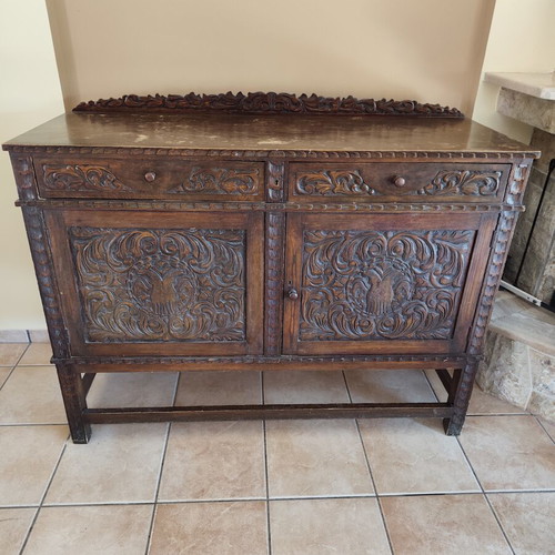 Skyrian buffet with two drawers and lockable cabinets, carved double-headed eagle