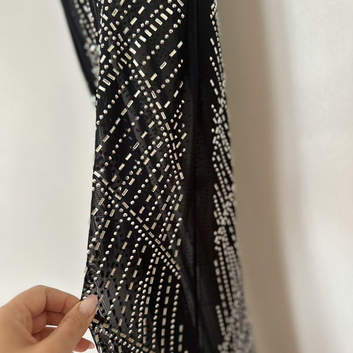 Maxi bodycon dress with straps and geometric strass designs, like new, black