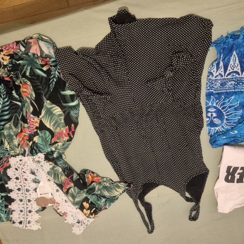 Set of 4 summer clothes: blue pareo, white dress, polka dot jumpsuit, Hawaii jumpsuit
