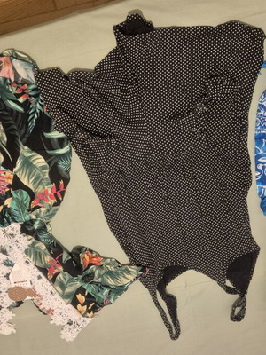Set of 4 summer clothes: blue pareo, white dress, polka dot jumpsuit, Hawaii jumpsuit