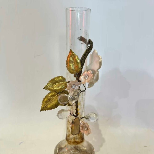 Vintage glass vase with decorative flowers used, 21x5.5 cm