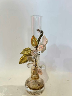 Vintage glass vase with decorative flowers used, 21x5.5 cm