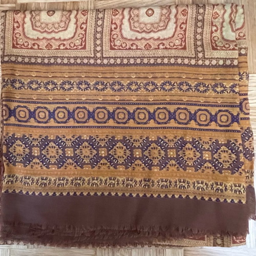 Boho ethnic print scarf lightly used, warm earth tones with fringe