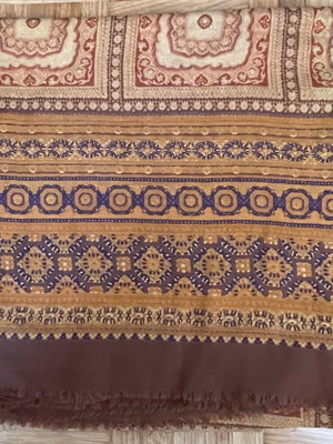 Boho ethnic print scarf lightly used, warm earth tones with fringe