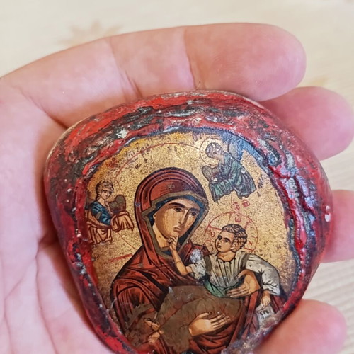 Silkscreen icon on canvas on pebble