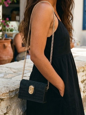 Mango Black Raffia-Style Mini Crossbody Bag with Gold Chain