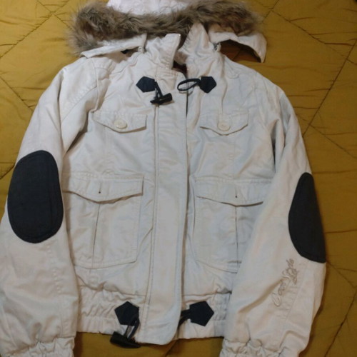 Bershka women's jacket used with detachable hood, white and beige, size M