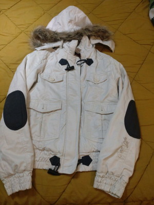 Bershka women's jacket used with detachable hood, white and beige, size M