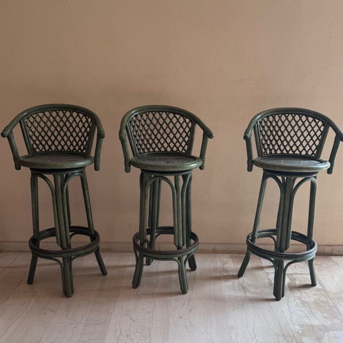 Bamboo swivel bar stools set of 3 with cushions, like new, 1.07m height