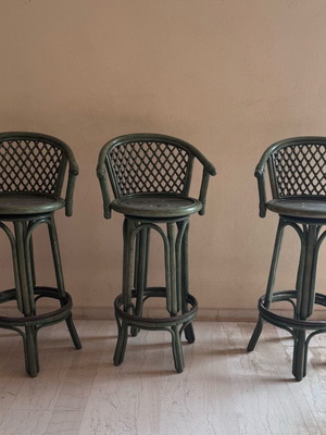 Bamboo swivel bar stools set of 3 with cushions, like new, 1.07m height