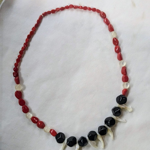 Handmade summer necklace with synthetic beads, red black white