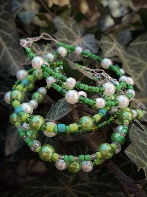 Fairycore bracelet set with green beads and pearls, new