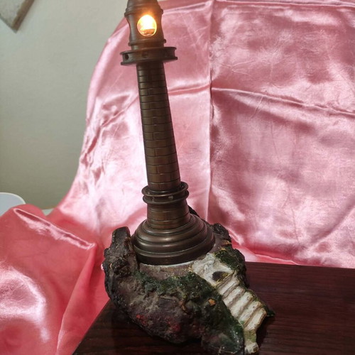 Vintage handmade brass lighthouse table lamp with photo frame