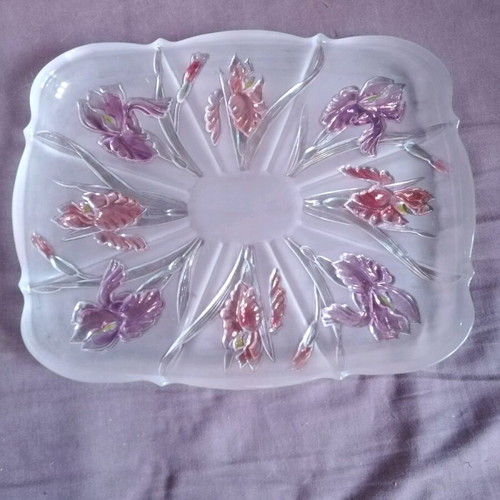 Walther glass platter with purple and rose embossed flowers like new