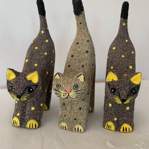 Decorative cat set of 3 new, handmade, wood with colored sand