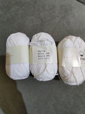 Knitting yarns new, pack of 3, white, cotton and acrylic