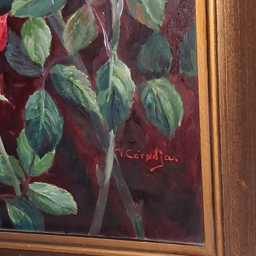 Victoria Caradja Signed Oil Painting on Wood Roses