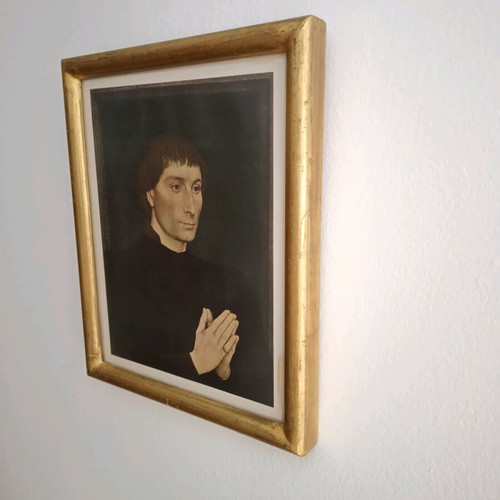 Framed painting Catholic monk praying with wooden frame and gold leaf like new