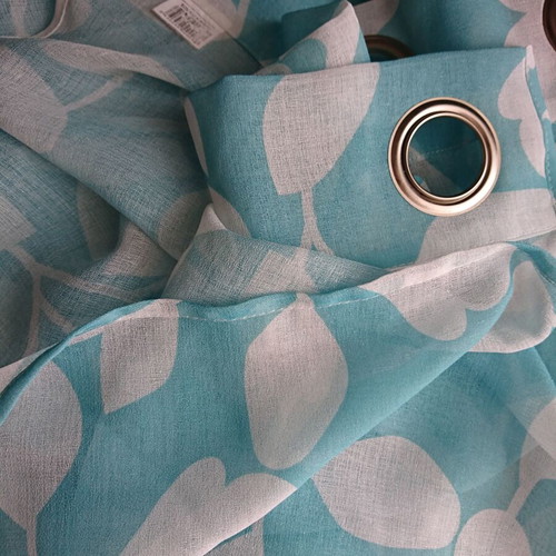 Curtains two panels with rings, white leaf pattern on turquoise
