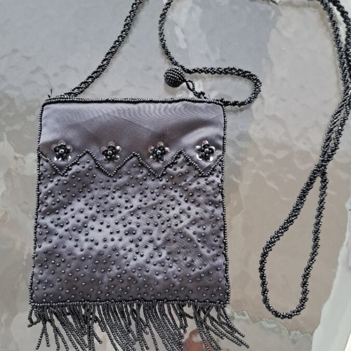 Vintage grey satin evening bag embroidered with beads, 14x15 cm