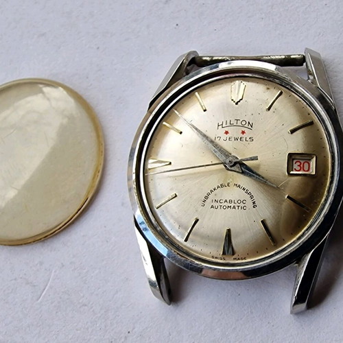 Hilton automatic watch steel 34 mm used, needs service and glass replacement