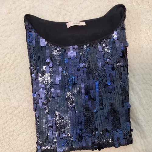 Laurel top new with knitted blue back and blue sequin front