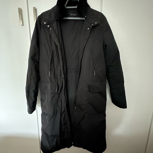 Zara Long Black Coat With Detachable Fur Collar Like New Size L