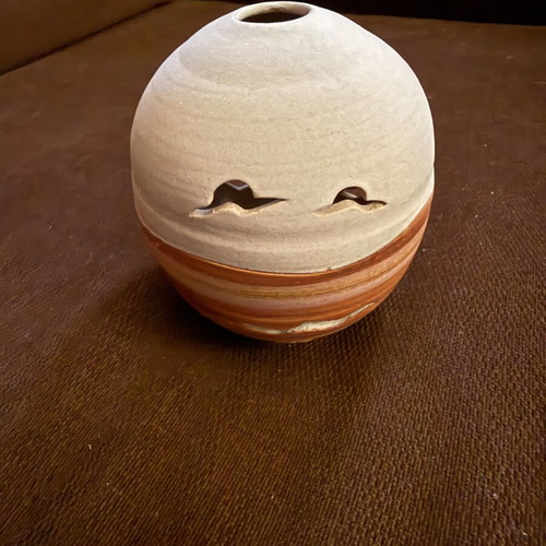 Handmade ceramic lantern with sailboat design, tealight holder