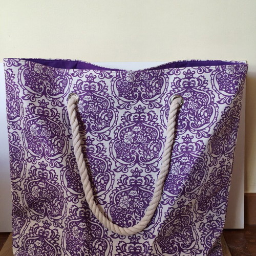 Large Boho Purple Pattern Beach Bag with Rope Handles