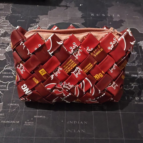 Handmade waterproof toiletry bag from recycled cigarette packs like new, red