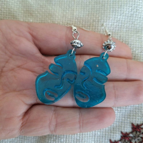 Blue liquid glass earrings with female face made to order