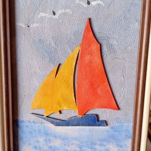 Handmade embossed wooden frame with sailboat