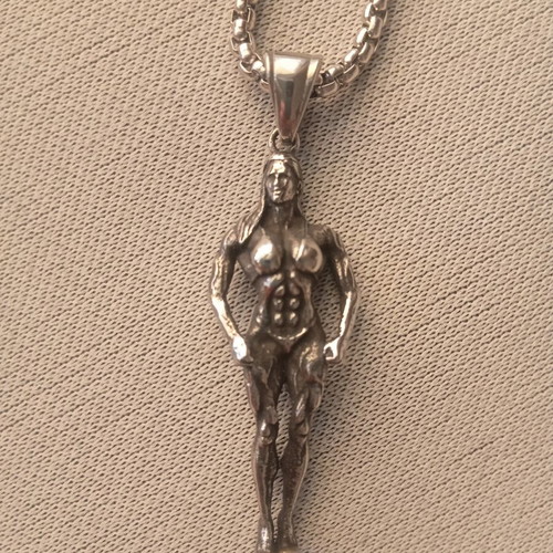 Necklace with female bodybuilder pendant new, stainless steel, silver