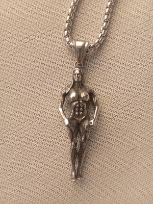 Necklace with female bodybuilder pendant new, stainless steel, silver