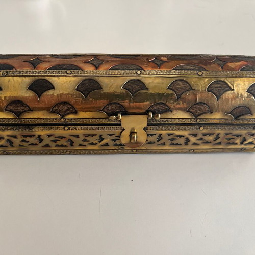 Vintage cigar case decorative box wood with brass and copper