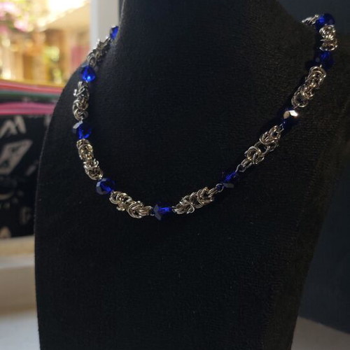 Chainmail necklace with blue beads handmade, stainless steel and glass
