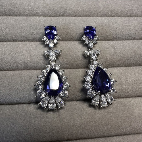 925 Sterling Silver Drop Earrings like new with lab-grown tanzanites and moissanites