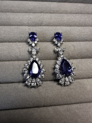 925 Sterling Silver Drop Earrings like new with lab-grown tanzanites and moissanites
