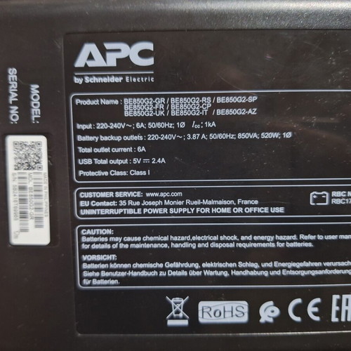 APC Back-UPS 850 Off-Line UPS 850VA 520W with Schuko sockets and USB ports