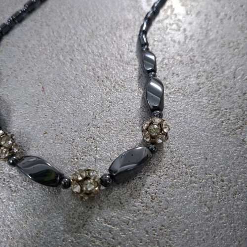 Hematite Necklace like new with Shiny Rhinestone Balls