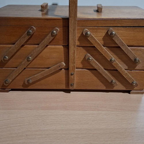 Wooden multiple folding case used for sewing or jewelry storage