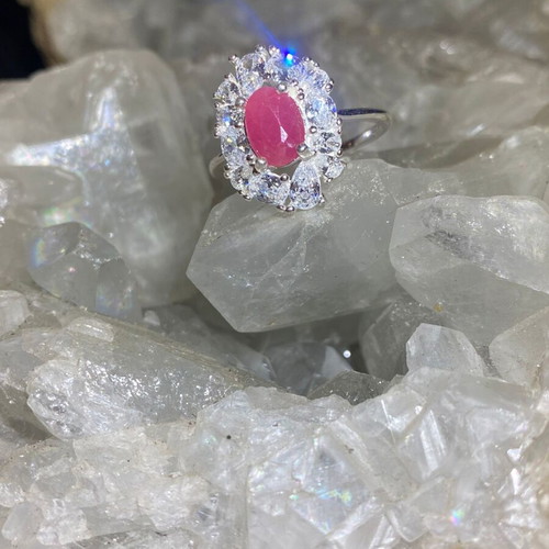 Silver ring with natural ruby and moissanite, new