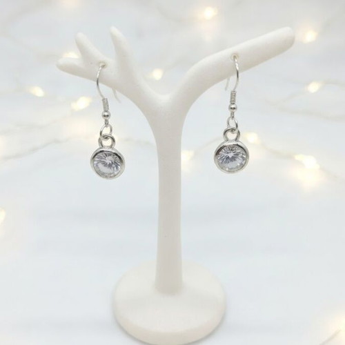 Handmade solitaire drop earrings with sparkling crystal, new, silver
